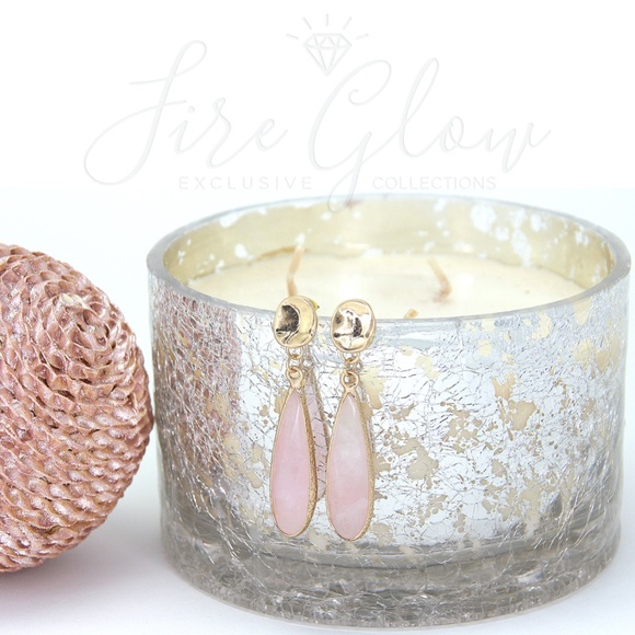 Long Teardrop Rose Quartz Earrings Hammered Metal - Picture 4 of 6